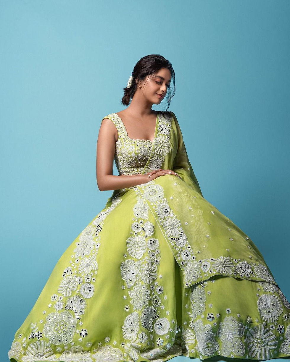Thumbnail: Designer Green Colour Embroidered Chinnon Silk Function Wear Lehenga Choli