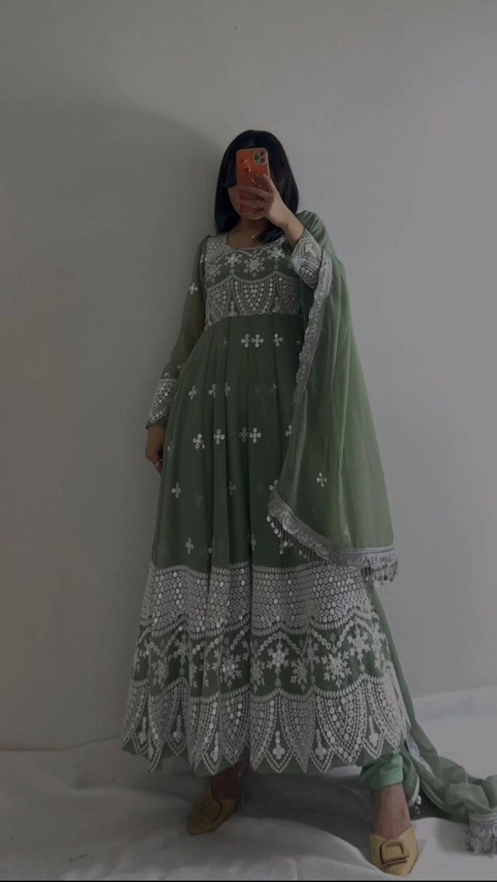 Elegant Pista Colour Faux Georgette With Embroidery Work Anarkali Gown