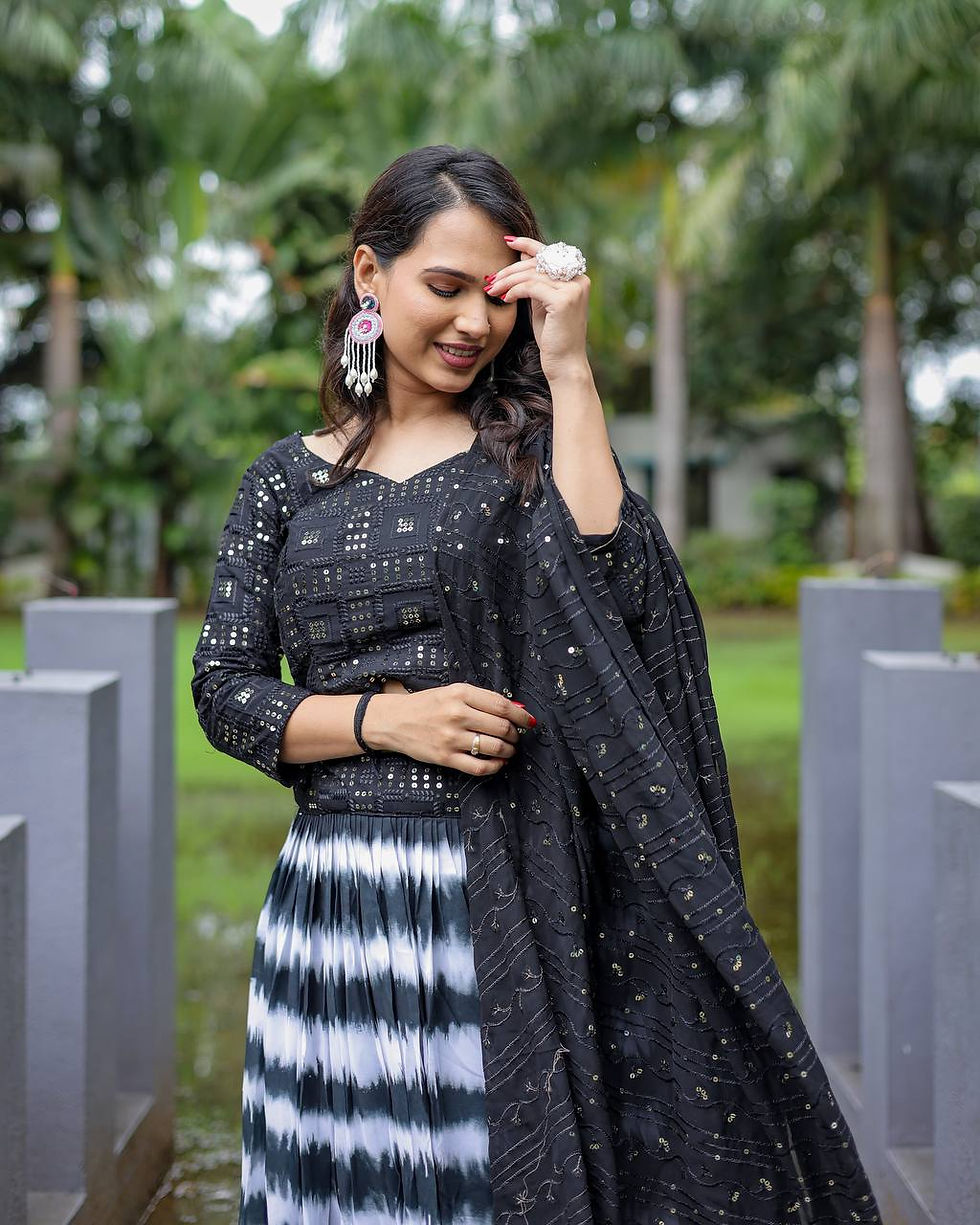 Thumbnail: Party Wear Black And White Colour Heavy Thread & Sequence Work Lehenga Choli