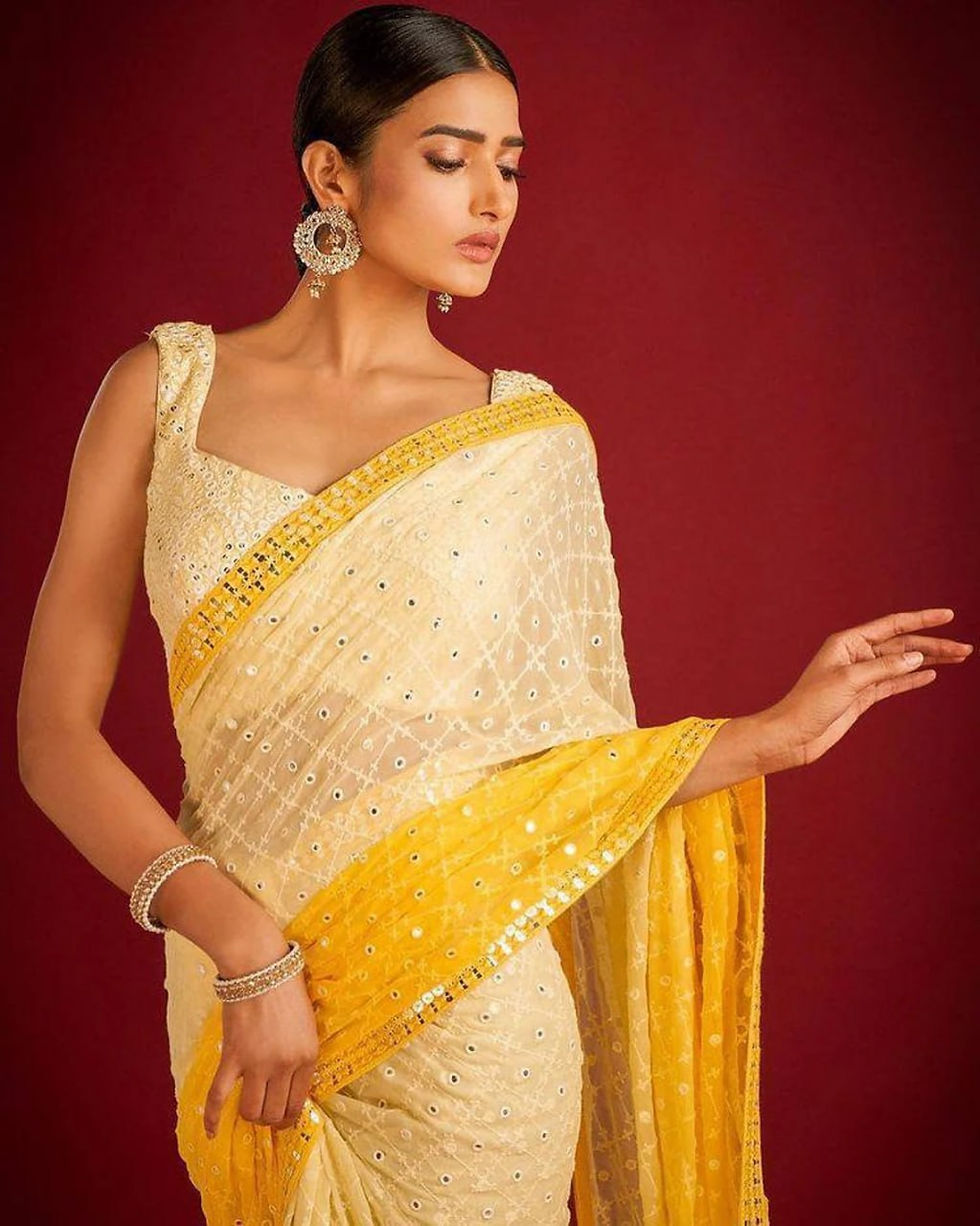 Thumbnail: Stylish Yellow Colour Soft Georgette Embroidery Work Saree