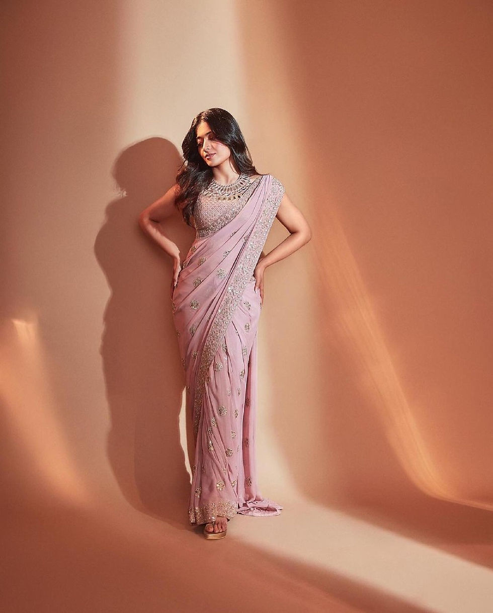 Thumbnail: Rashmika Mandanna Pink Colour  Faux Georgette Party Wear Saree
