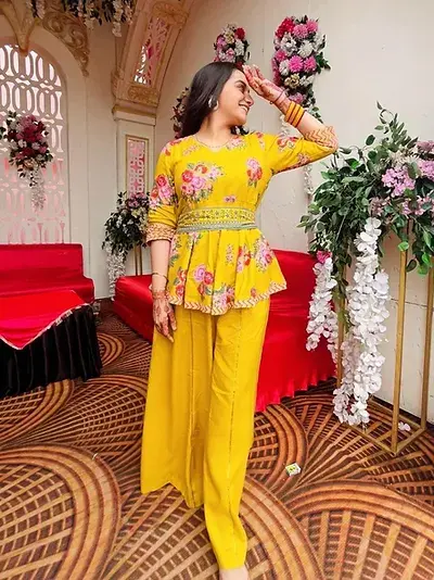 Thumbnail: Letest Yellow Colour Rayon Palazzo Kurti With Printed Dupatta
