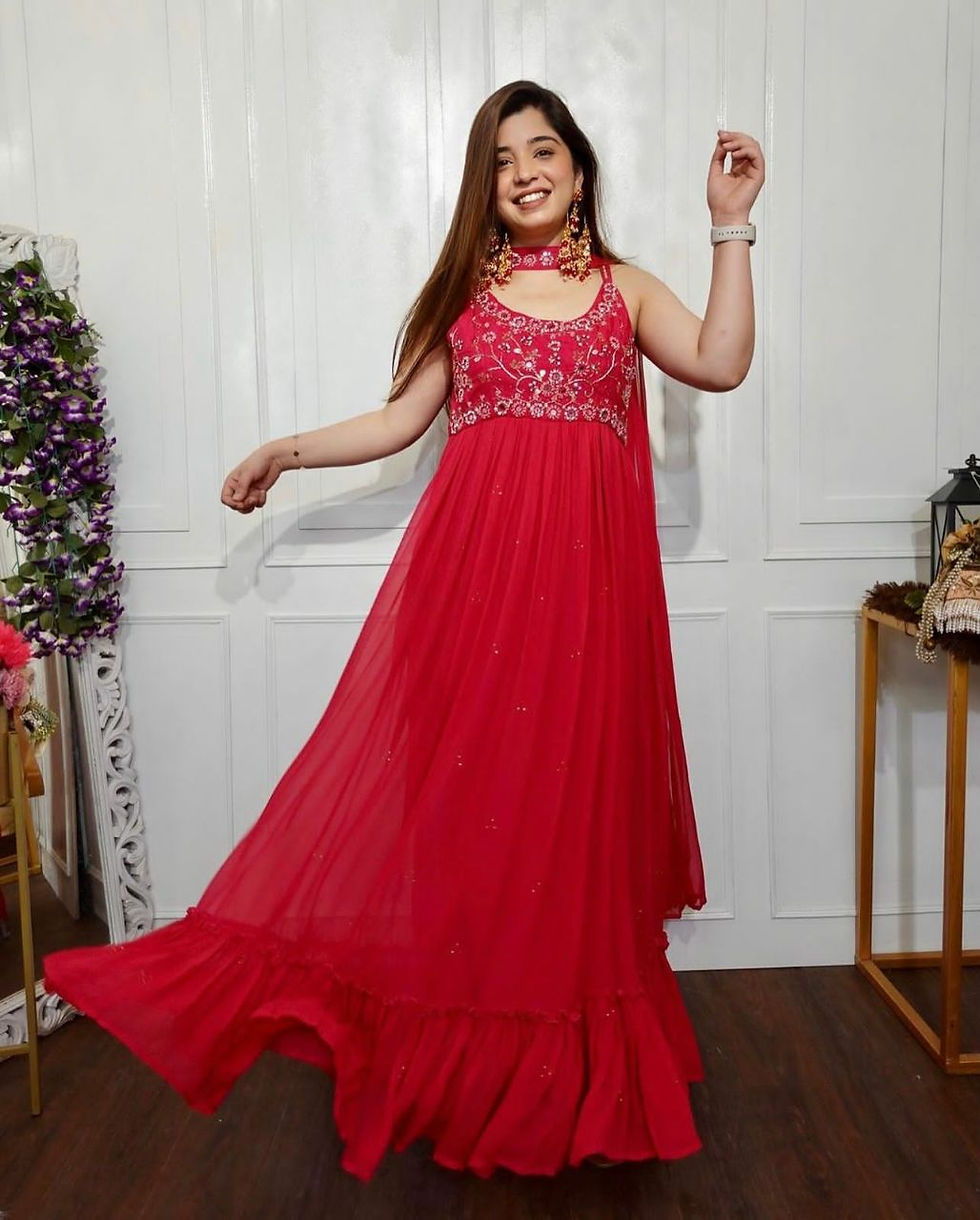 Party Wear Pink Color Sequence And Thread Work Gown Dress