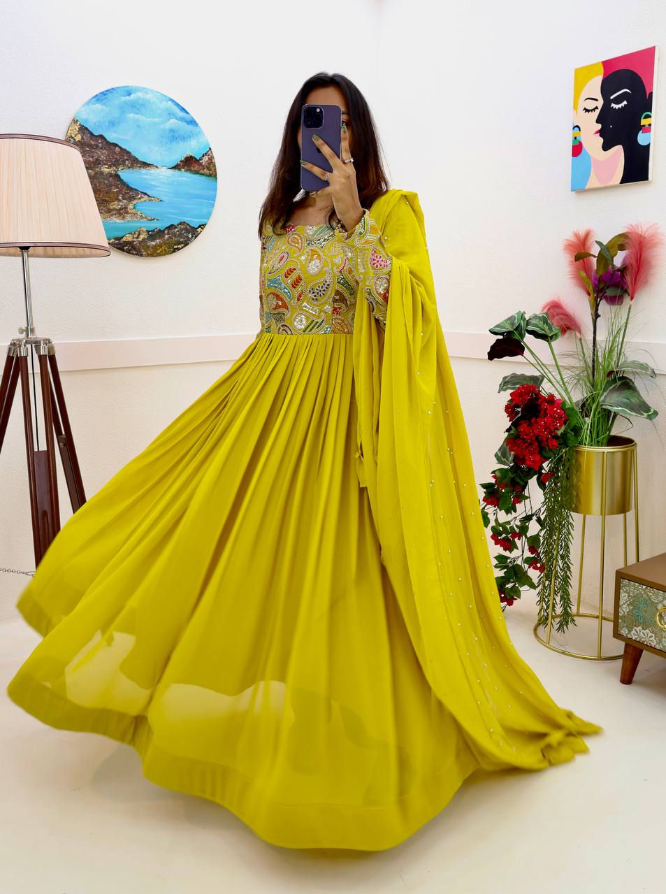 Thumbnail: Pretty Yellow Colour Embrodery With Sequence Work Anarkali Gown