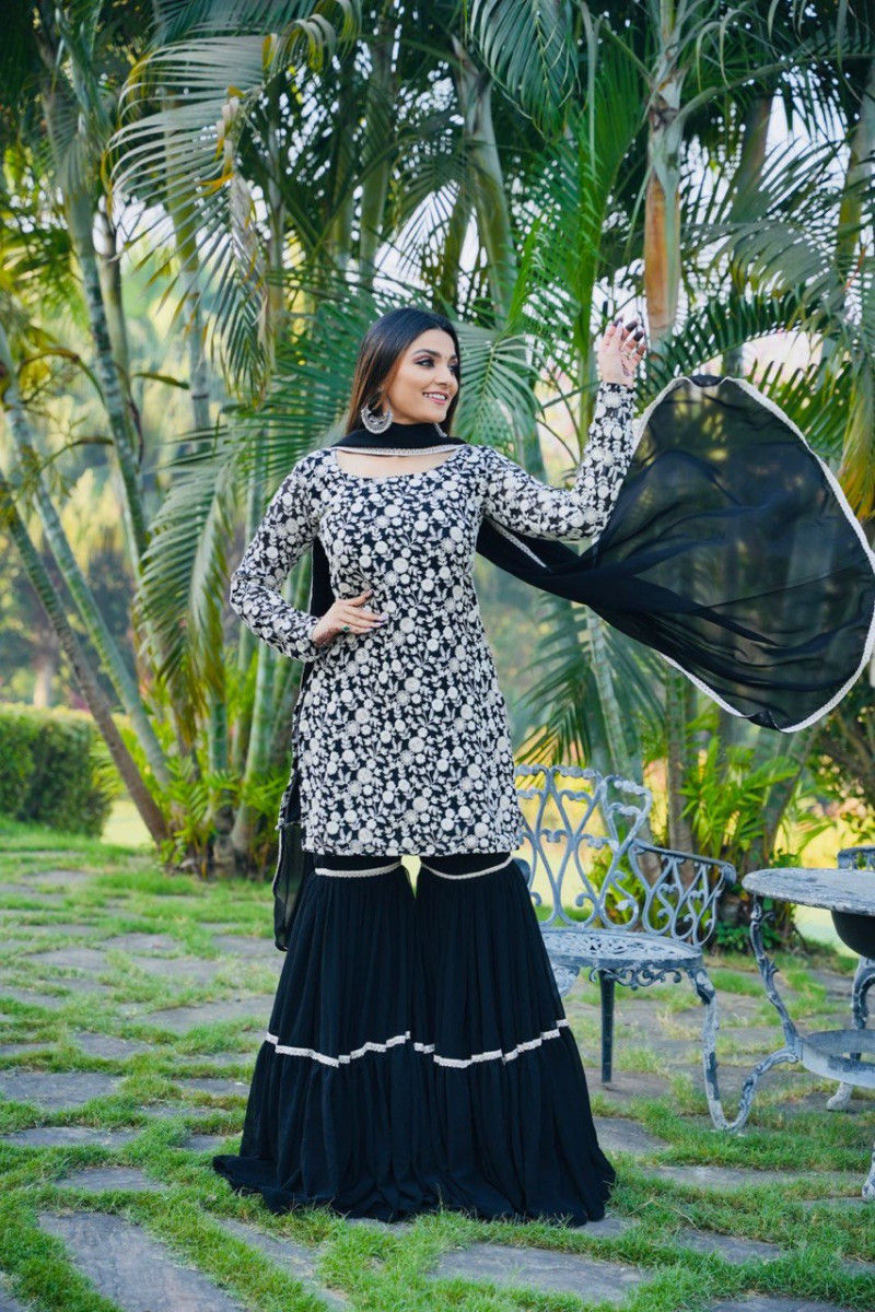 Thumbnail: Superb Black Color Georgette Heavy Embroidery Work Mother Daughter Sharara Suit