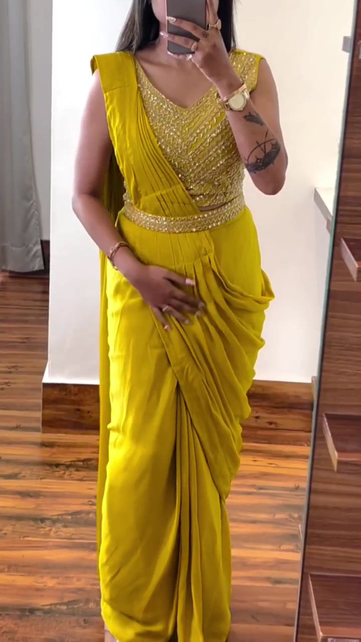 Thumbnail: Stylish Yellow Colour Ready To Wear Heavy Chinon Work Party Wear Saree