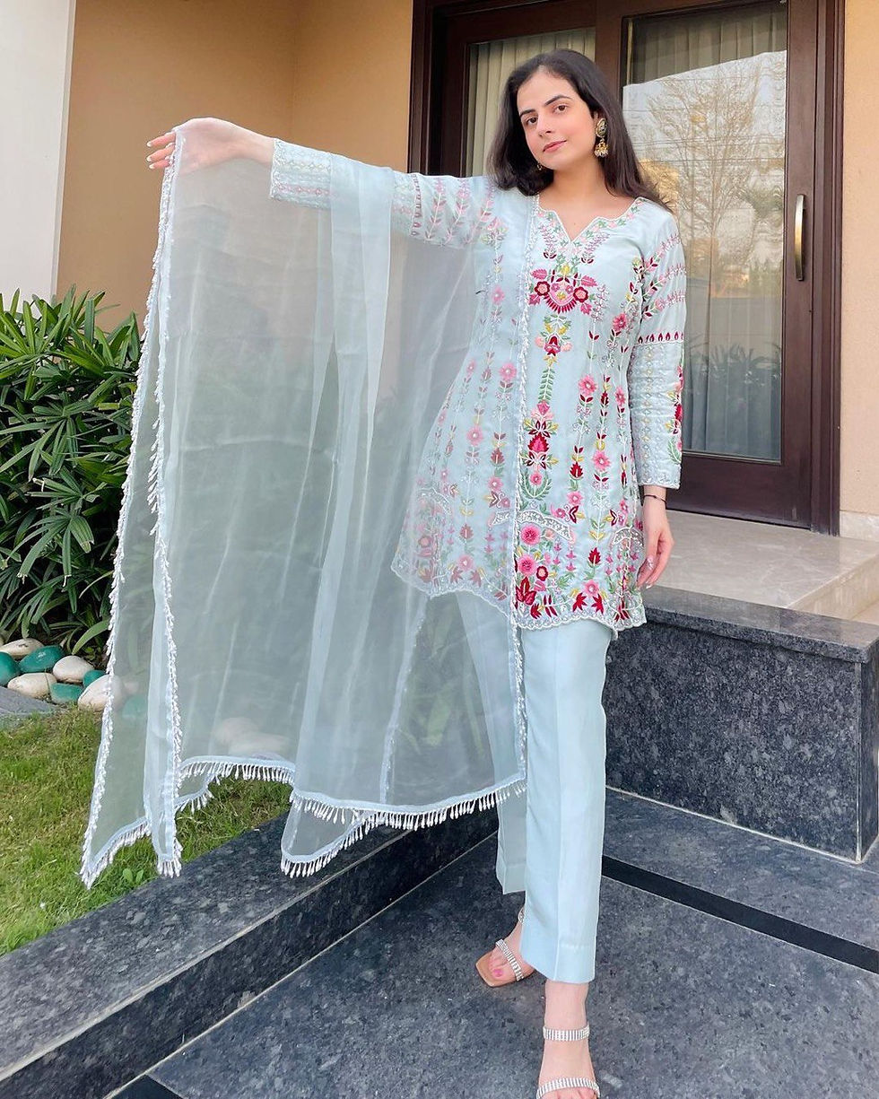 Thumbnail: Designer Sky Blue Colour Grorgette With Sequence Embroidery Work Salwar Suit