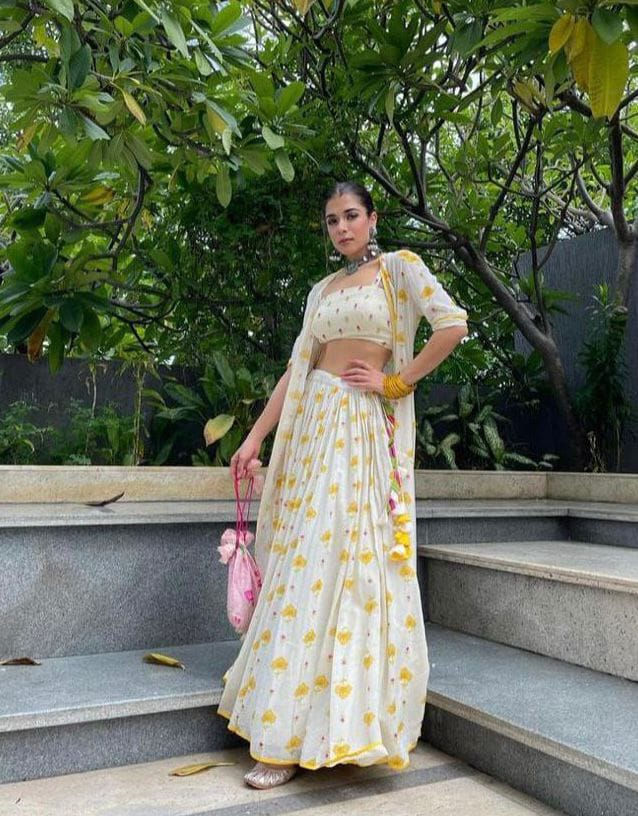 Thumbnail: White-mustard Yellow Party Wear Designer Lehenga Choli With Digital Print Womens