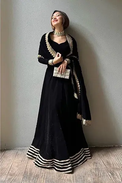 Embroidery Velvet Black Lehenga
