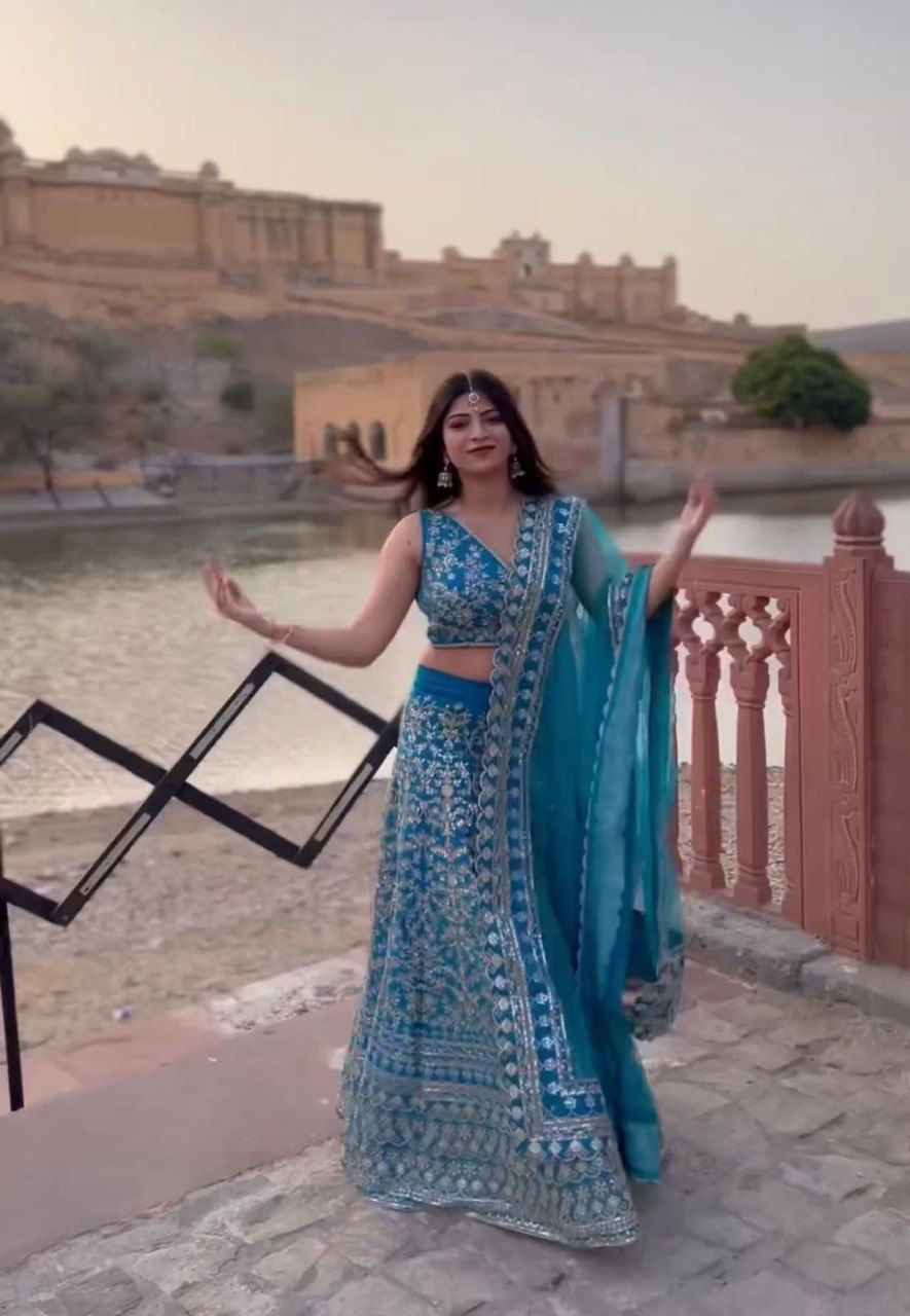 Thumbnail: Impresive Sky Blue Colour Cording Sequance Work Lehenga Choli