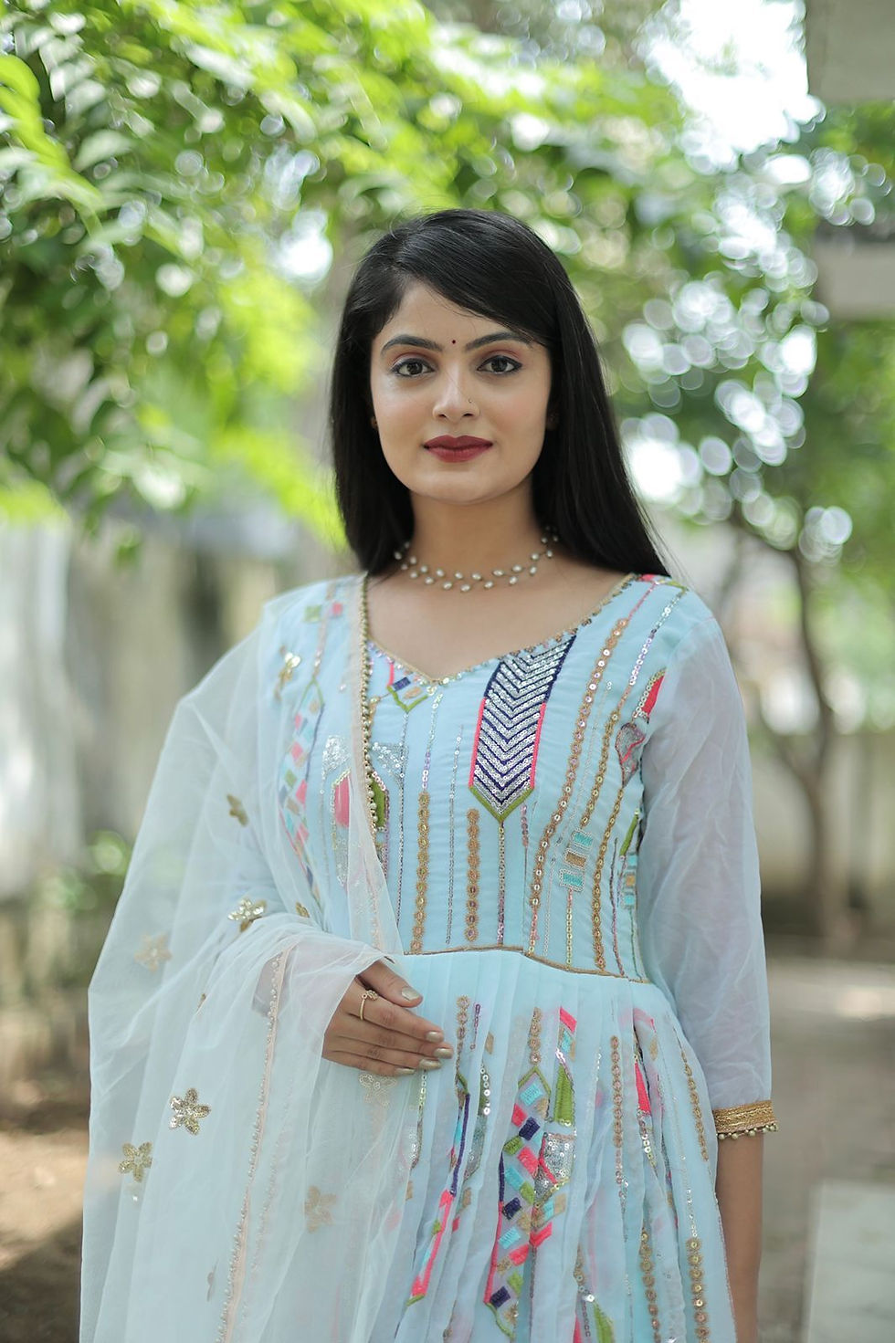 Thumbnail: Light Blue Colour Georgette Fabric Function Wear Gown For Women