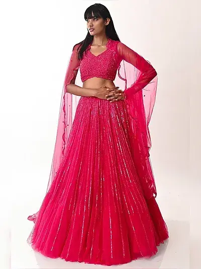Fantastic Light Pink Color Soft Mono Net Mirror Work Lehenga