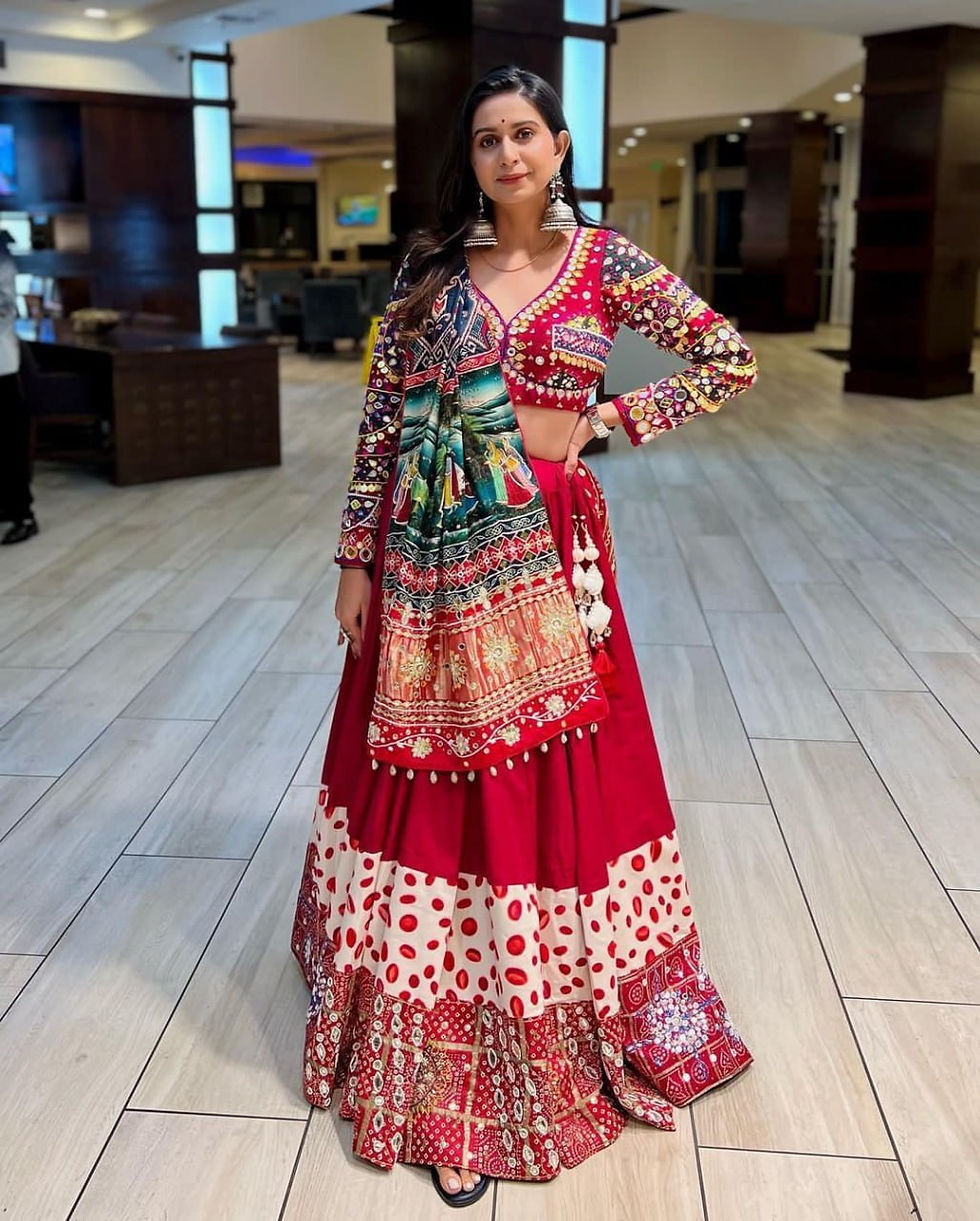 Thumbnail: Red Colour Digital Printed With Real Mirror Work Navratri Lehenga Choli