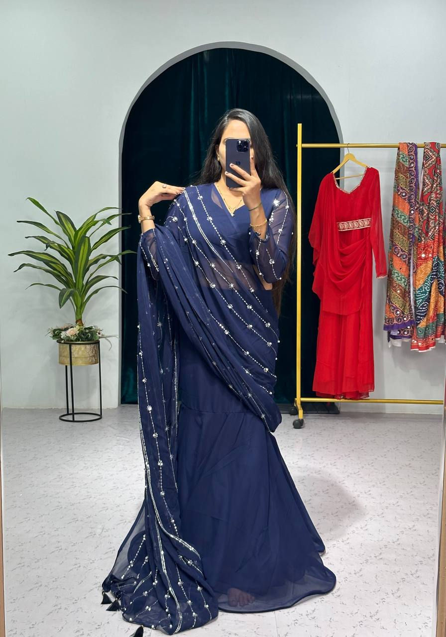 Party Wear Navy Blue Colour Lehenga Saree in Embroidery Work