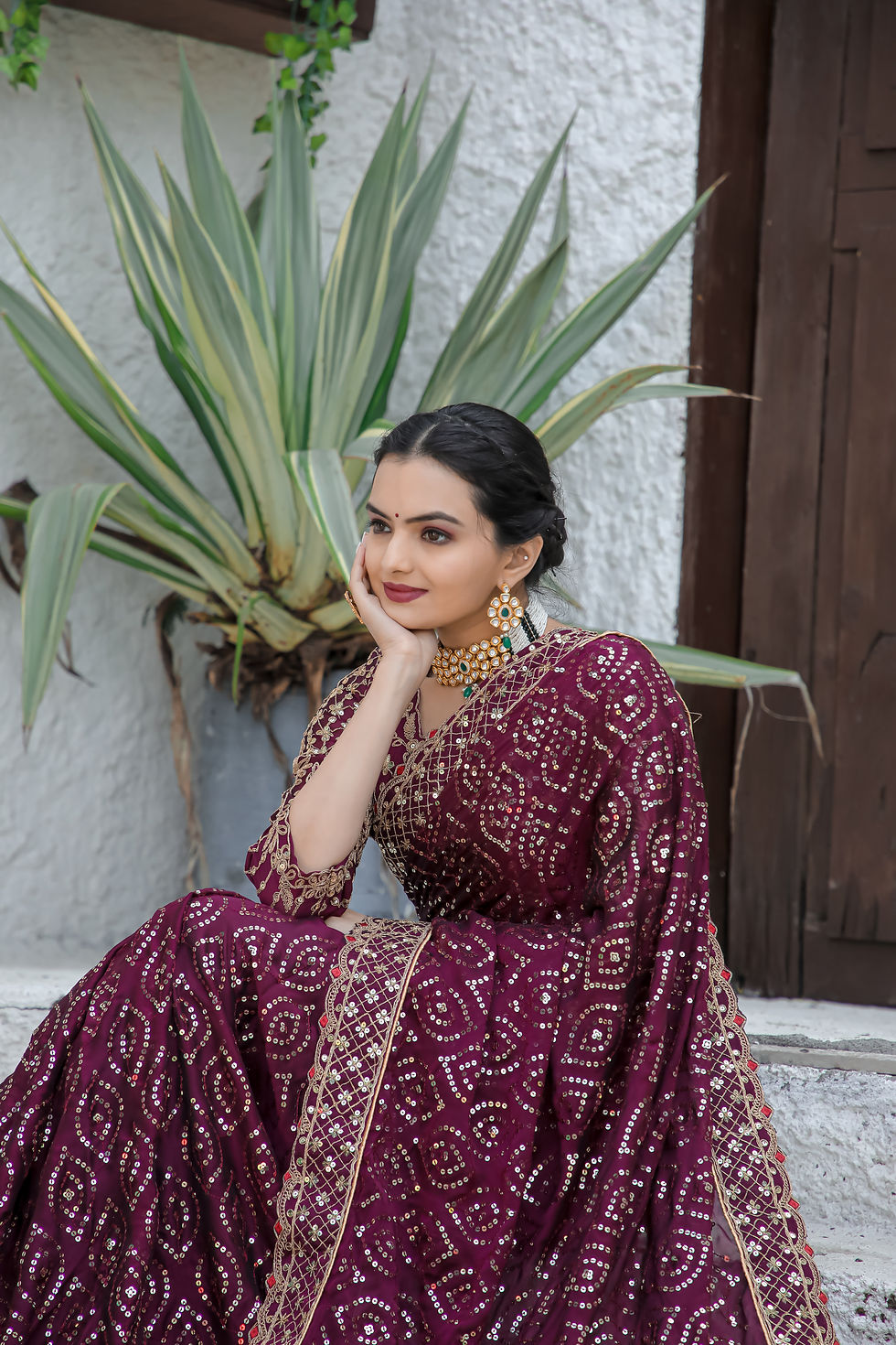 Thumbnail: Gorgeous Wine Colour Sequins Silk Engagement Wear Saree With Blouse