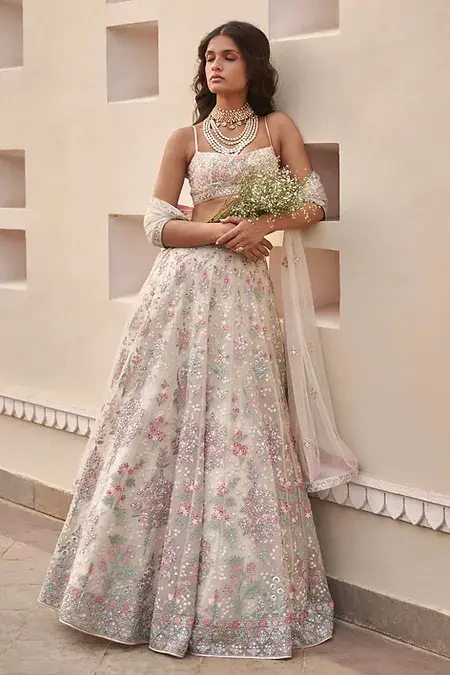 Thumbnail: Bridal Wear Heavy Sequence Work Cream Color Lehenga With Work Dupatta