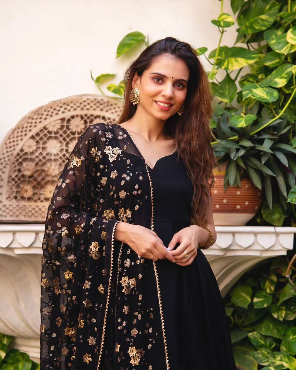 Thumbnail: Black Colour Heavy Faux Georgette Readymade Gown With Dupatta