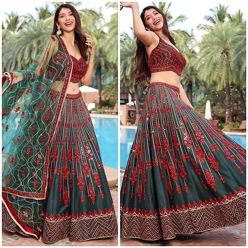 Beautiful green and maroon color foil work lehenga choli
