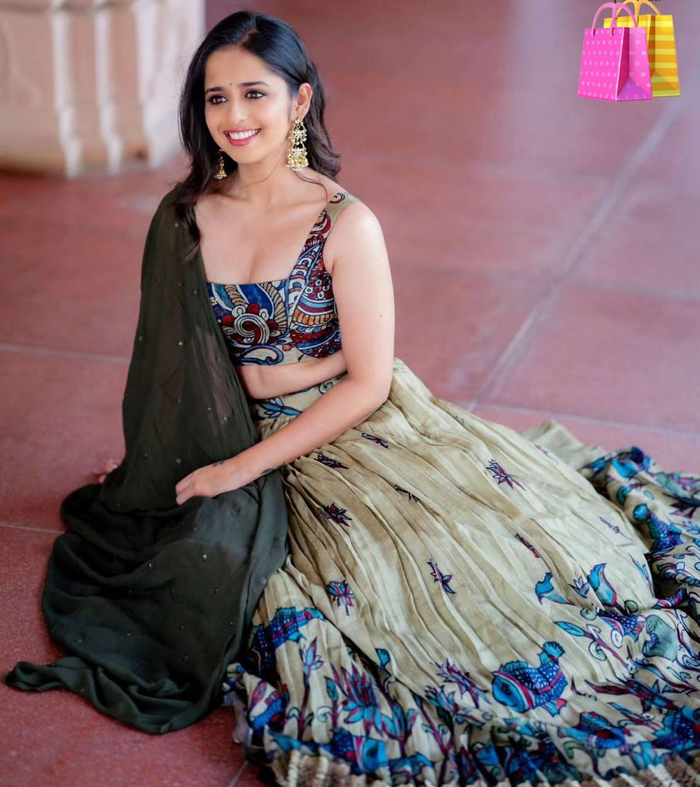Thumbnail: Letest Mehndi Colour Chent Crep Kalamkari Print Lehenga Choli