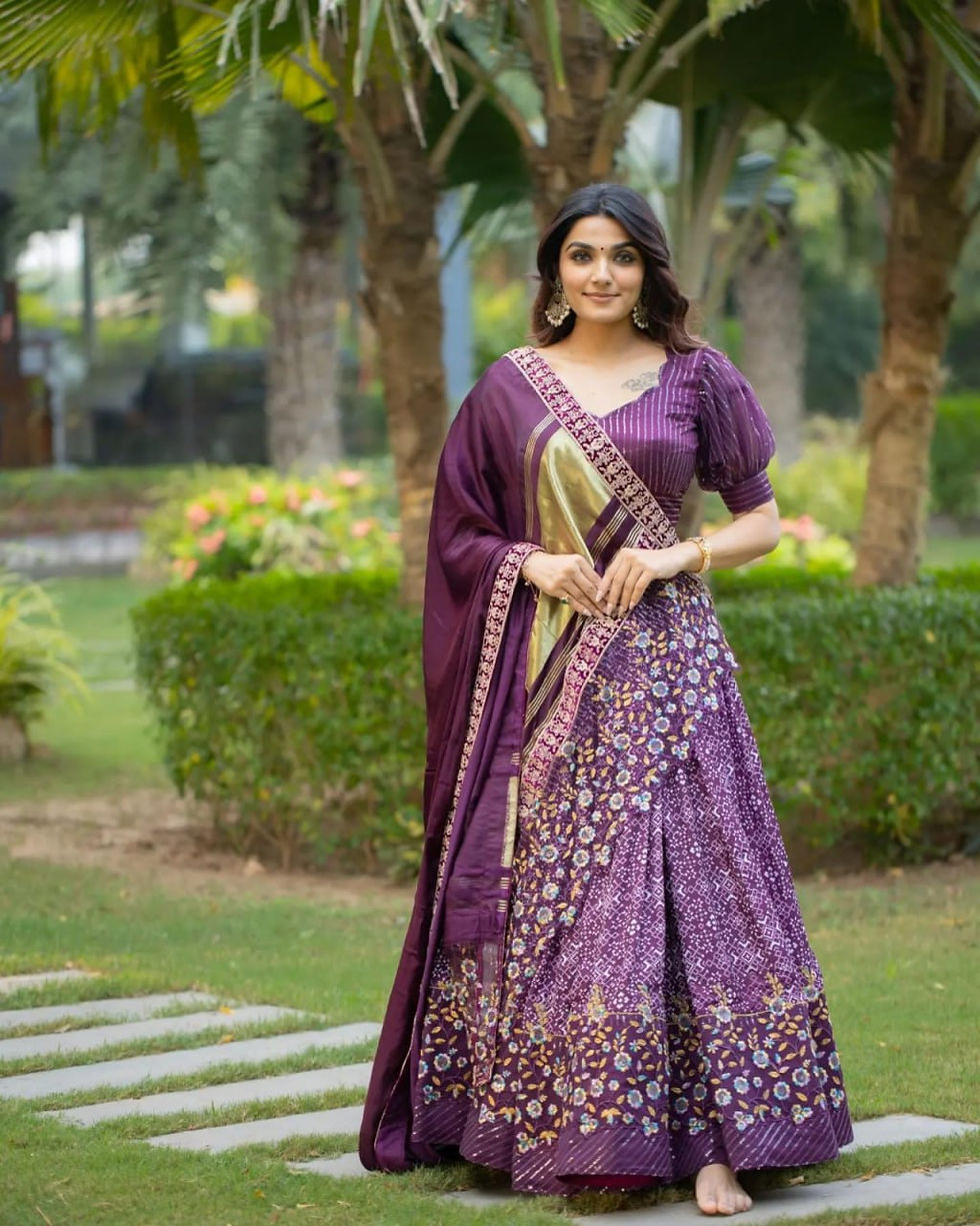 Thumbnail: Purple Color Butter Silk Digital Printed Navratri Lehenga Choli
