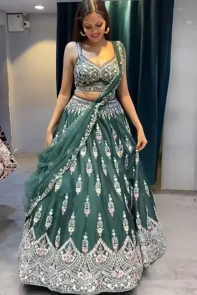 Latest White And Green Designer Italian Silk Heavy Lehenga Choli