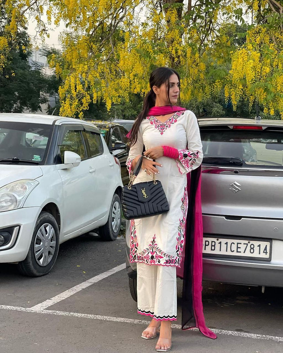 Thumbnail: White Colour Pure Cotton Embroidery Work Palazzo Suit
