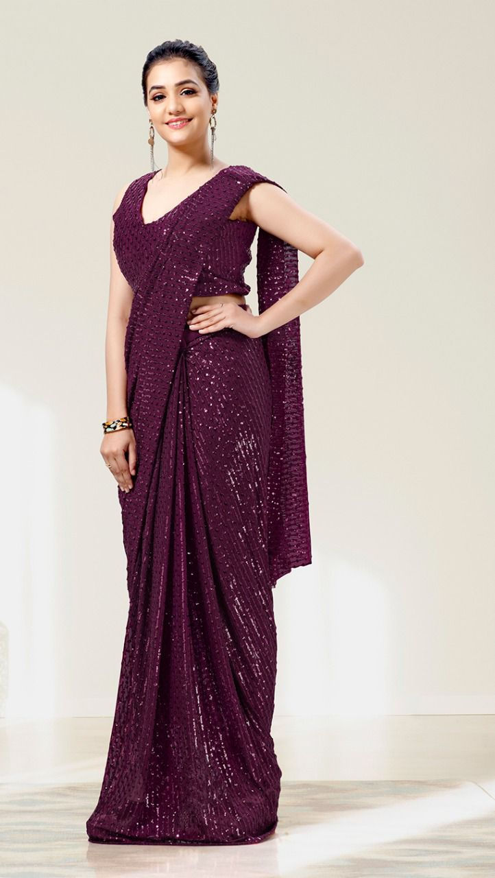 Fancy Purple Color Sequence Work Georgette Saree With Blouse