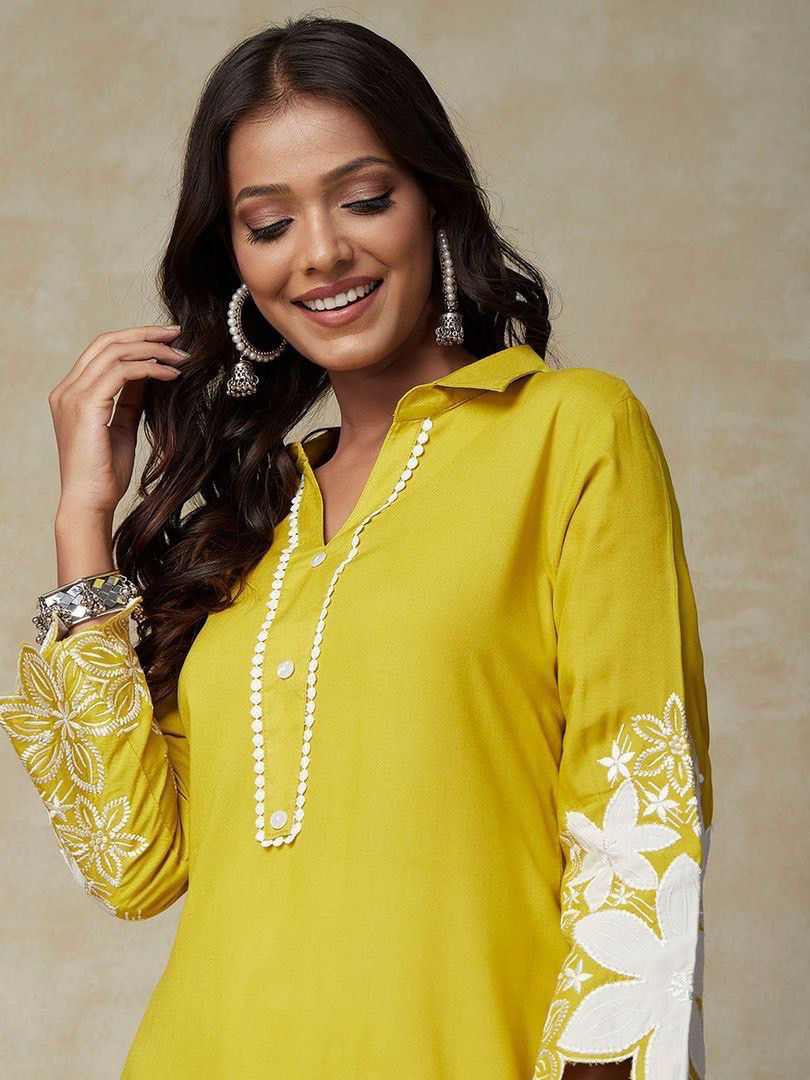 Thumbnail: Beautiful Yellow Colour Embroidery Work Top With Pant