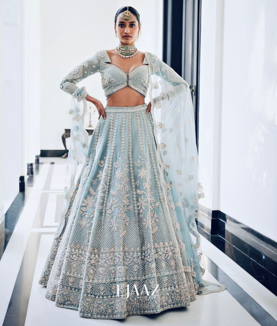 Light Blue Colour Chain Sequence Work Wedding Lehenga Choli