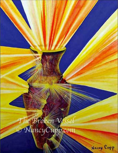 The Broken Vessel, by Nancy Cupp, is a painting of a brown vase with lights shining through the broken cracks and holes.