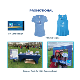 T-shirt and gift card designs, along with a sponsor table for a running series.