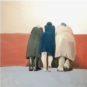 A large-scale contemporary figurative acrylic painting titled Neighbourhood Watch. Three elderly women are viewed entirely from behind as they stand close together, leaning over a wide, horizontal rust-red wall to look at something unseen. The woman on the left wears a dark green polka-dot dress and black boots; the middle woman wears a solid navy blue dress; the woman on the right wears a loose beige dress and light-colored shoes. The upper background is a soft, muted cream and pale orange sky, and the foreground ground is a flat grey.