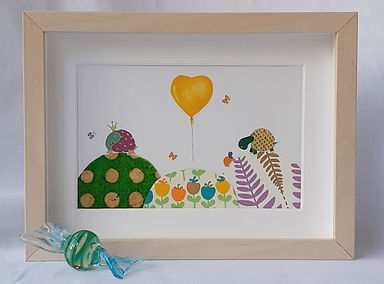 tableau création en papier avec tortues sur collines et coeur Fée par Valérie