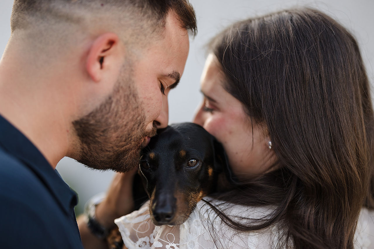 The Barn at Blue Sky Farm Engagement Photographs Couple with Dachshund kissing it