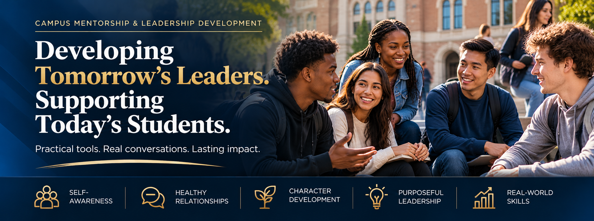 Campus Mentorship and Leadership Development: Developing Tomorrow’s Leaders. Supporting Today’s Students. Diverse college students discussing ideas together on campus.