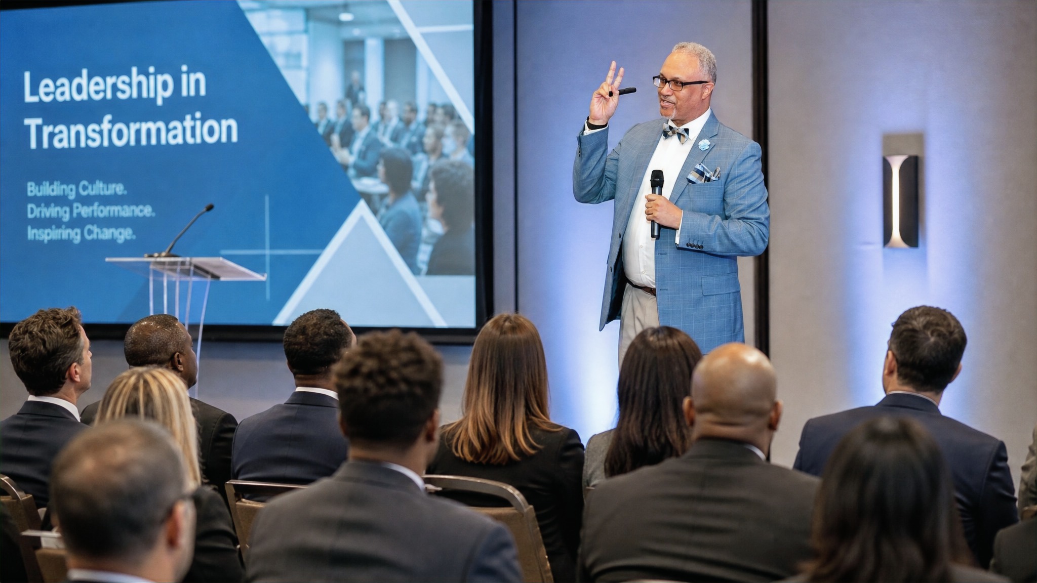 Larry Walters leading a professional leadership presentation with an attentive audience seated across the foreground