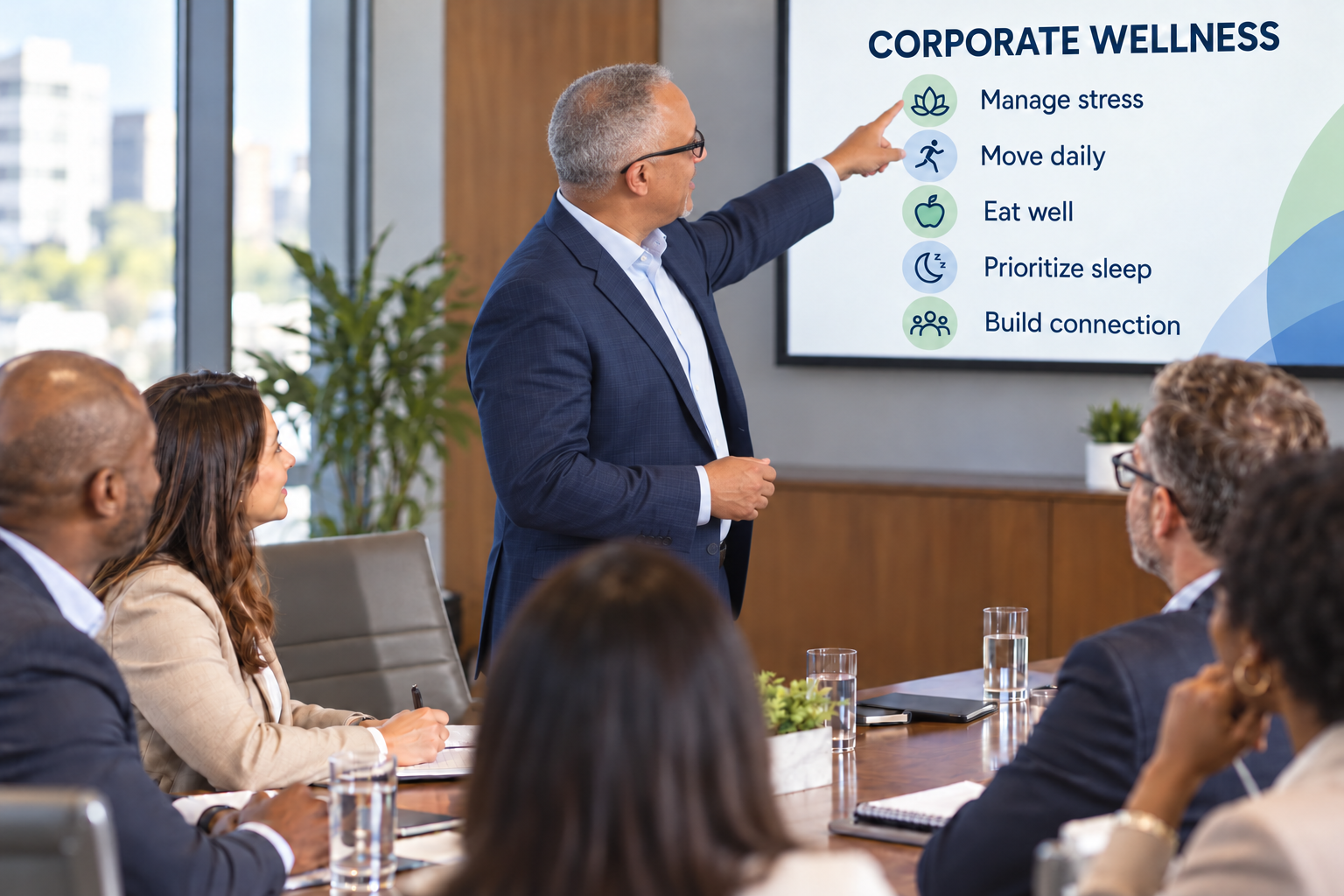 Larry Walters teaching corporate wellness principles in a boardroom with an attentive professional audience