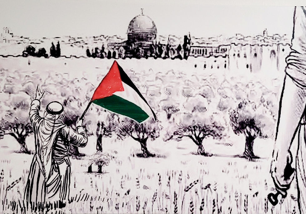 Thumbnail: This fine piece of art should touch every Palestinian heart.

A villager holding the key of return while standing beside his eager grandfather, whom is waving behind the olive trees of Jerusalem.