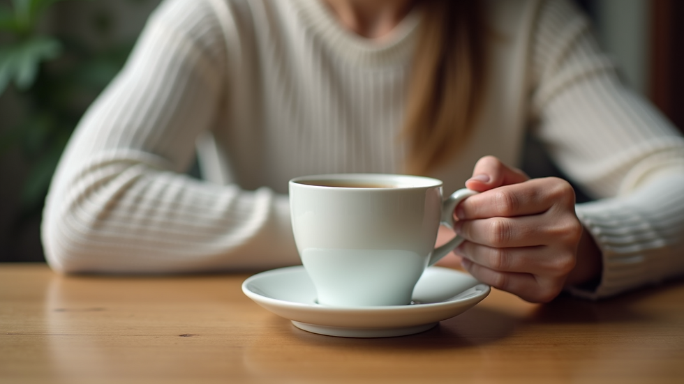 Close-up view of a caregiver’s hand gently holding a cup of tea on a wooden table