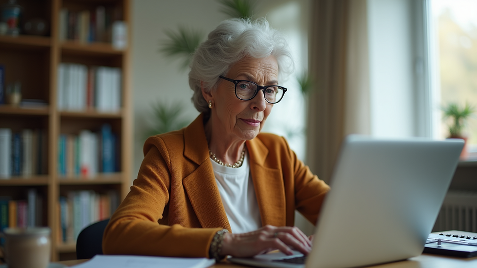 Eye-level view of a senior woman using a laptop for a video call