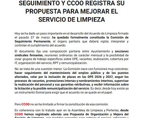 SE CONSTITUYE LA COMISIÓN DE SEGUIMIENTO Y CCOO REGISTRA SU PROPUESTA PARA MEJORAR EL SERVICIO DE LIMPIEZA