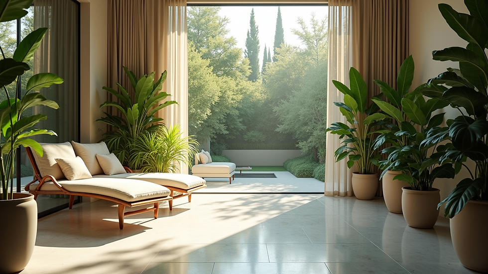 Vue en plongée d’un jardin intérieur lumineux avec des plantes vertes et des sièges confortables