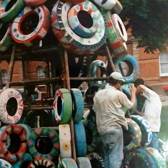 Gert and others attaching tyres to the base of the Tree.