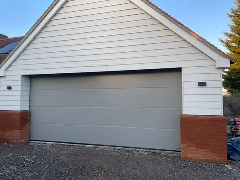 Garage door on house exterior