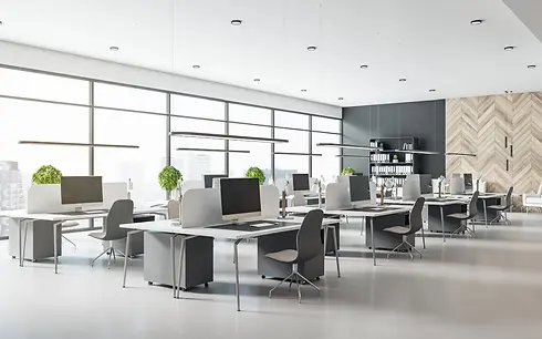 Spacious modern office with rows of desks and computers