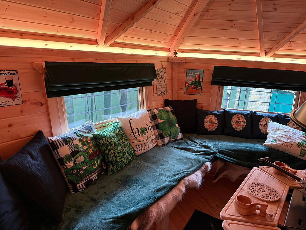 cosy wooden chalet with matching pub style blinds and soft furnishings