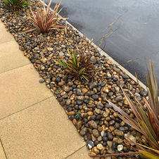 A paved pathway borders a wet asphalt surface