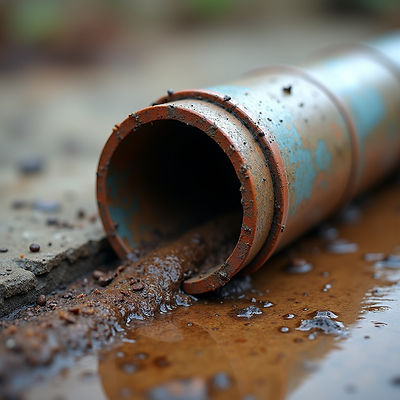 Rusty metal pipe with blue and orange marks, lying on concrete, leaking muddy water onto a wet surface