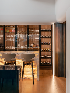 Custom-built joinery and wall panelling for a bar area. Designed and installed by Kitchen Emporium