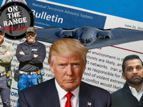 Mark and Rick  stand in front of a National Terrorism Advisory bulletin, with "On The Range Podcast" standing with Trump.